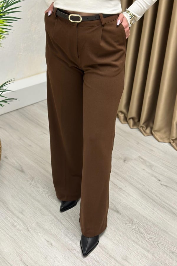 Orjinal Marka (Net.) Kemerli Palazzo Pantolon Acı Kahve