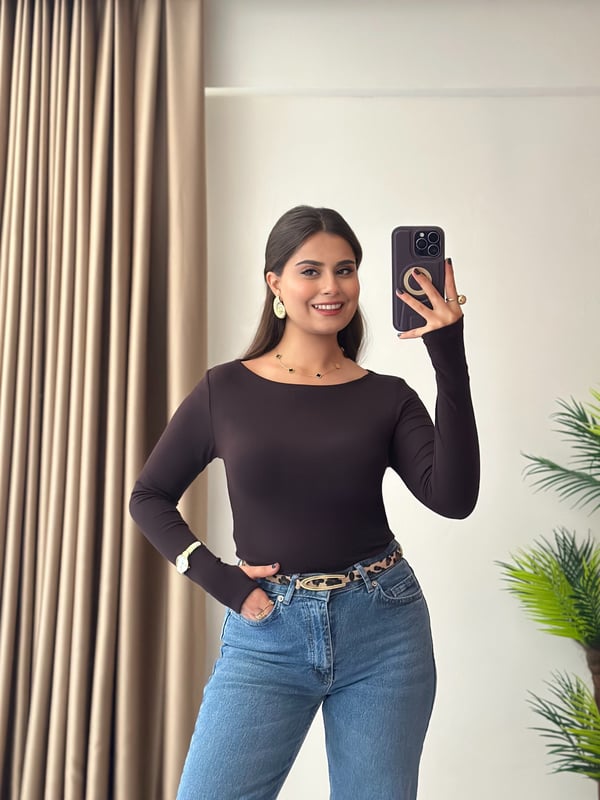 Oysho Kumaş Parmak Geçmeli Prenses Yaka Body Acı Kahve