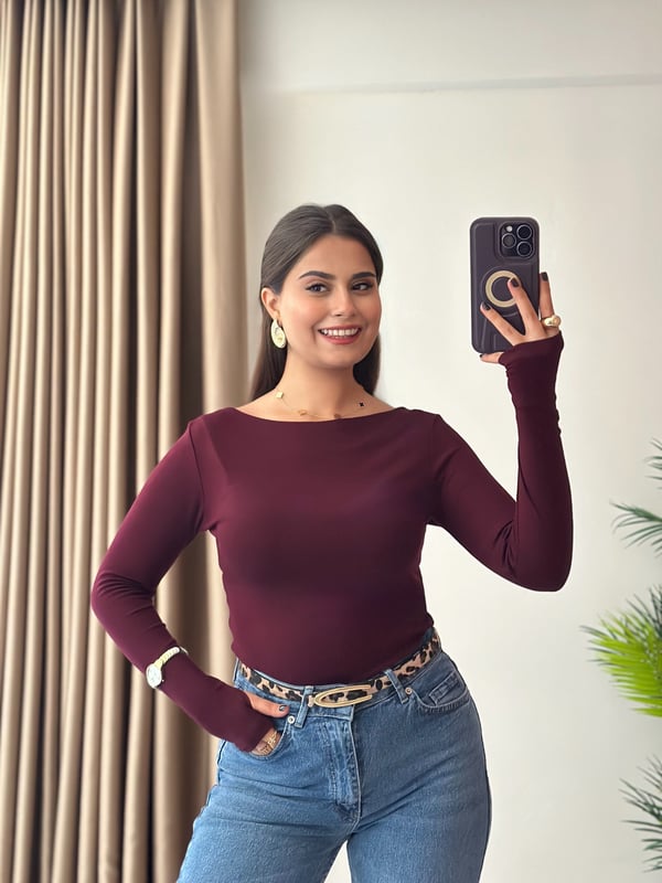 Oysho Kumaş Parmak Geçmeli Prenses Yaka Body Bordo
