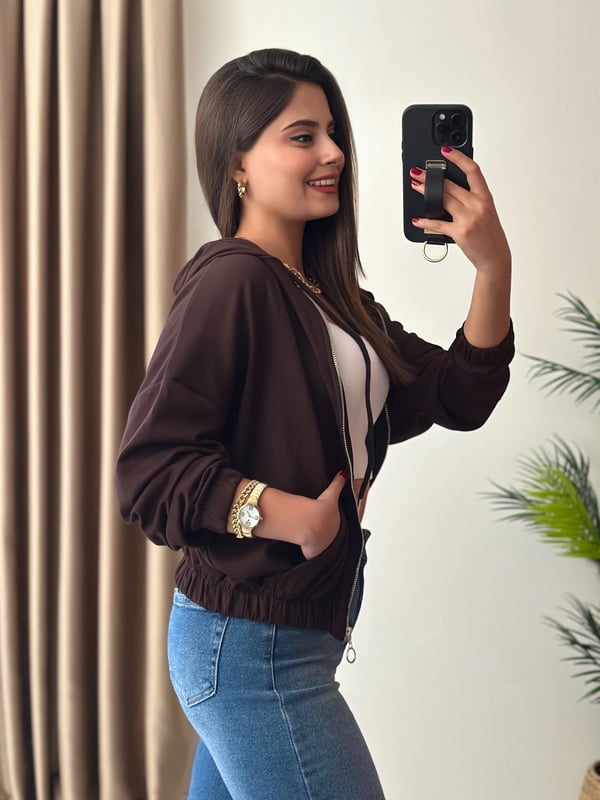 Oysho Modal Kumaş Premium Basic Kapşonlu Fermuarlı Ceket Acı Kahve 