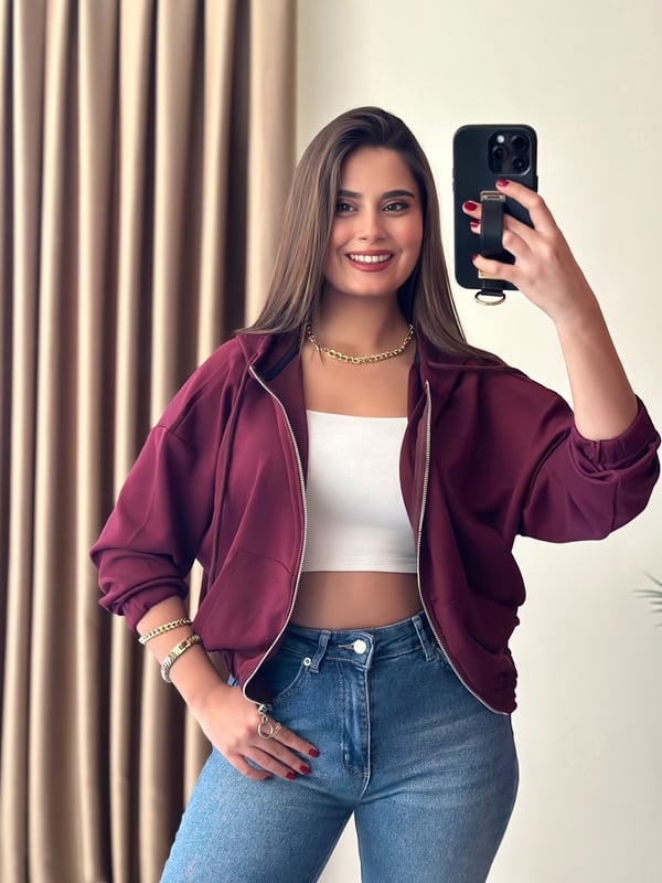 Oysho Modal Kumaş Premium Basic Kapşonlu Fermuarlı Ceket Bordo