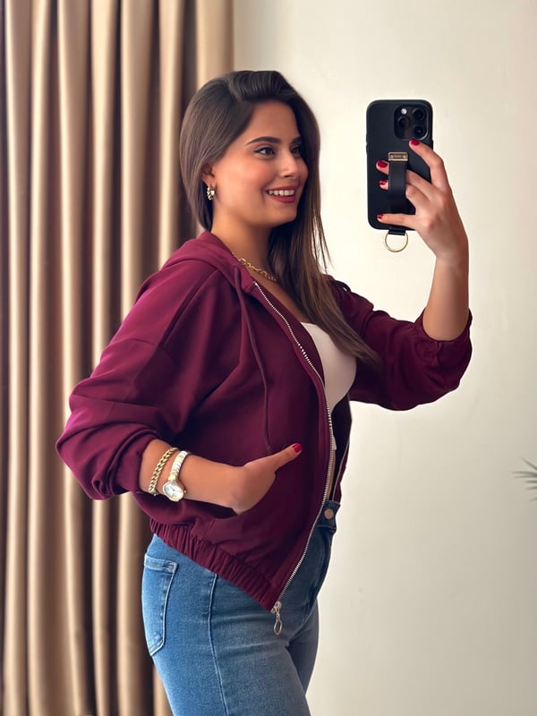 Oysho Modal Kumaş Premium Basic Kapşonlu Fermuarlı Ceket Bordo