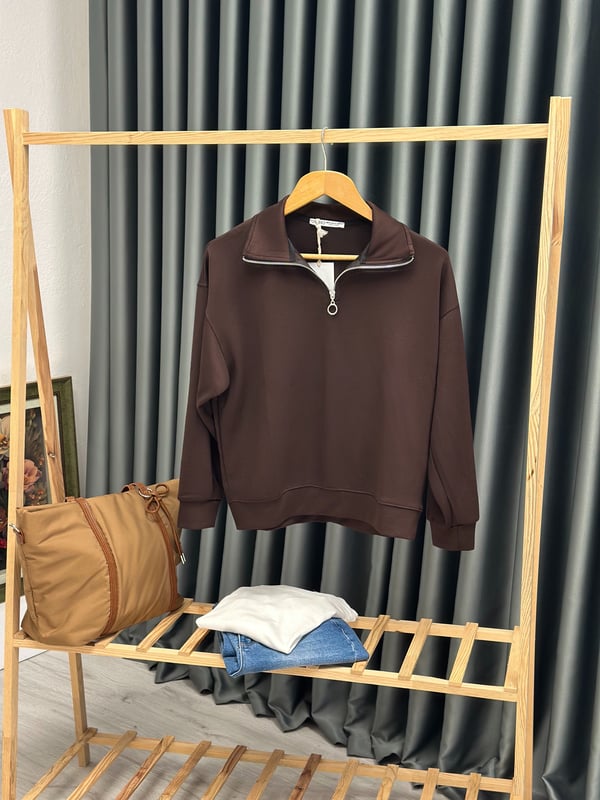 Oysho Modal Kumaş Yarım Fermuarlı Sweatshirt Acı Kahve 