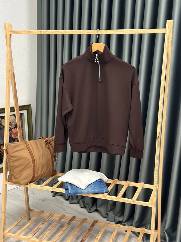 Oysho Modal Kumaş Yarım Fermuarlı Sweatshirt Acı Kahve 