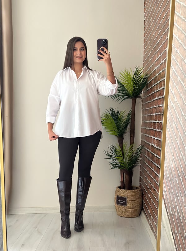 Poplin Kumaş Salaş Arka Godetli (A) Uzun Kesimli Gömlek Beyaz
