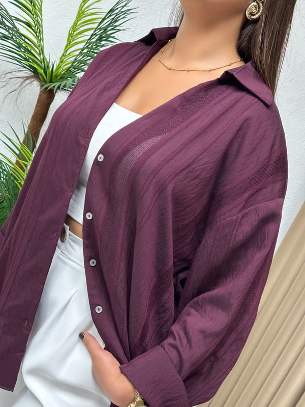 Premium Kalite Transparan Oversize Gömlek Mürdüm 