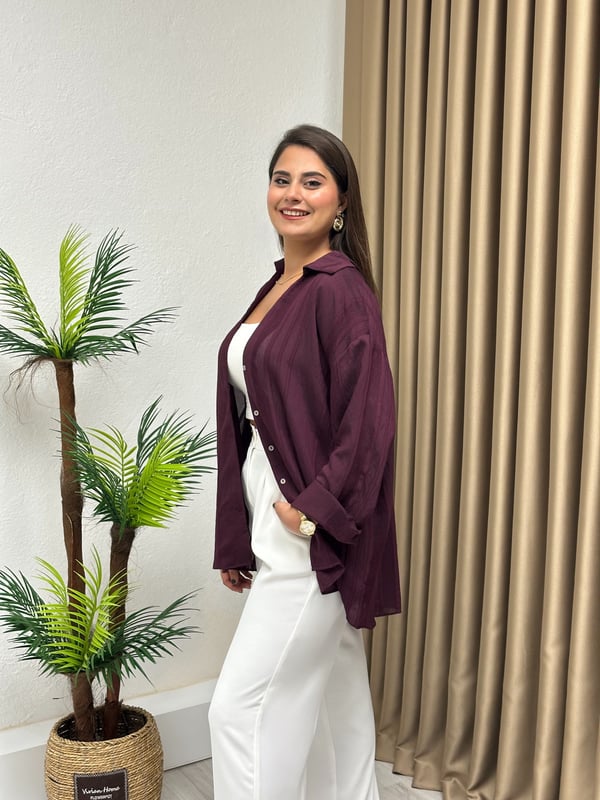 Premium Kalite Transparan Oversize Gömlek Mürdüm 