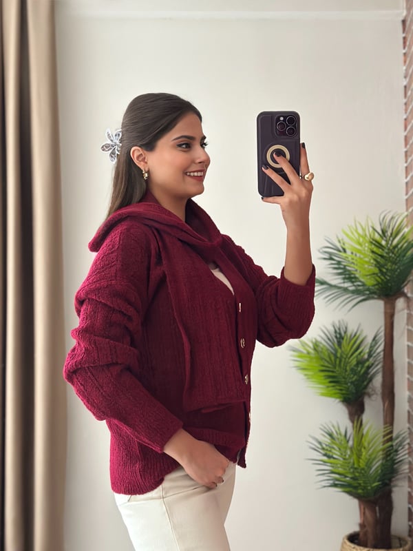 Premium Seri Atkılı Yumuşak Dokulu Salaş Triko Hırka Bordo