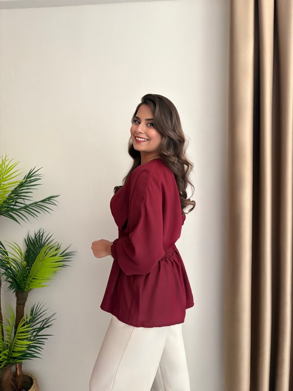 Premium Seri Beli Lastikli Pensli Krep Kumaş Bluz Bordo