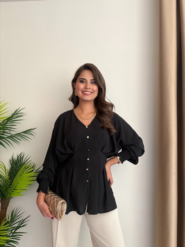 Premium Seri Beli Lastikli Pensli Krep Kumaş Bluz Siyah