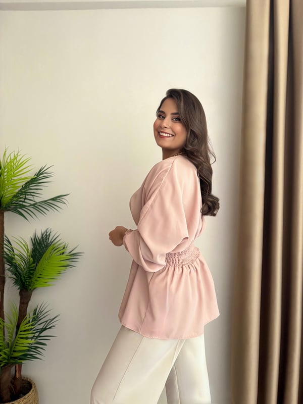 Premium Seri Beli Lastikli Pensli Krep Kumaş Bluz Nude Pudra