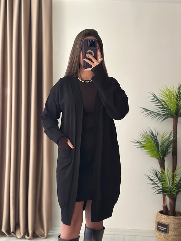 Premium Seri Cepli Basic Soft Triko Midi Boy Hırka Siyah