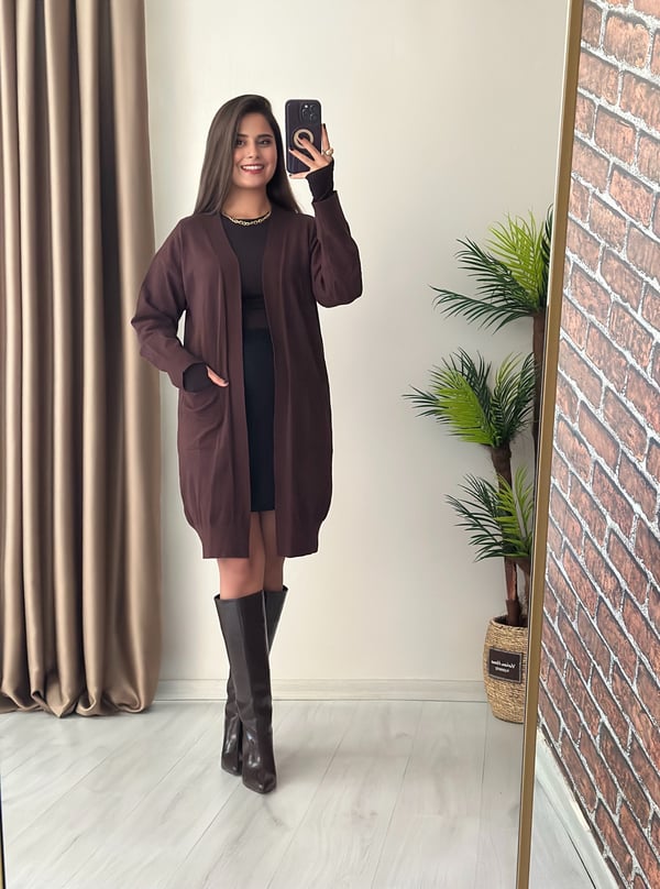 Premium Seri Cepli Basic Soft Triko Midi Boy Hırka Acı Kahve
