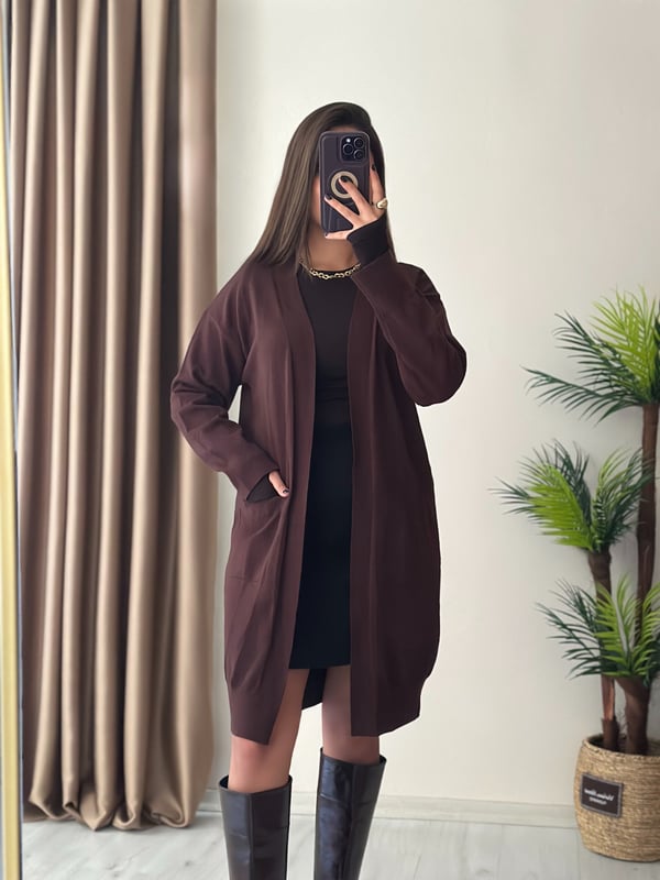 Premium Seri Cepli Basic Soft Triko Midi Boy Hırka Acı Kahve