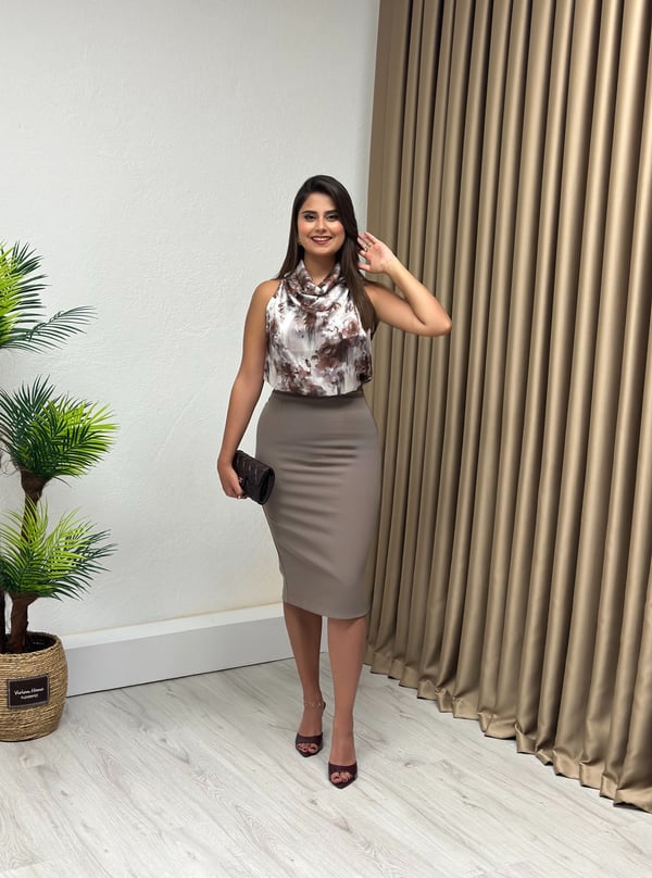 Premium Seri Double Krep Kumaş Yırtmaçlı Midi Boy Kalem Etek Vizon