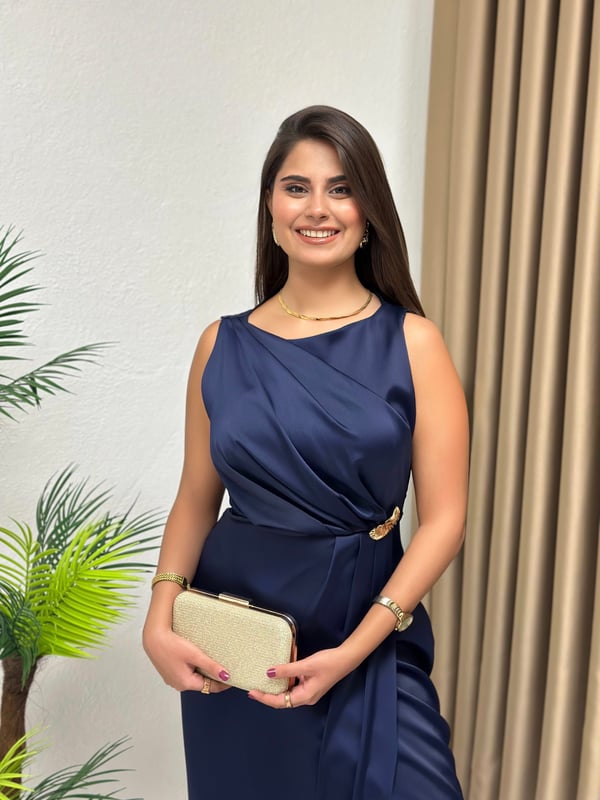 Premium Seri Gold Tokalı Drapeli Saten Elbise Lacivert