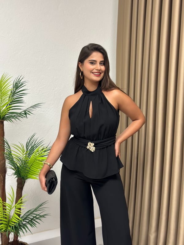 Premium Seri Halter Yaka Beli Gold Tokalı Tulum Siyah