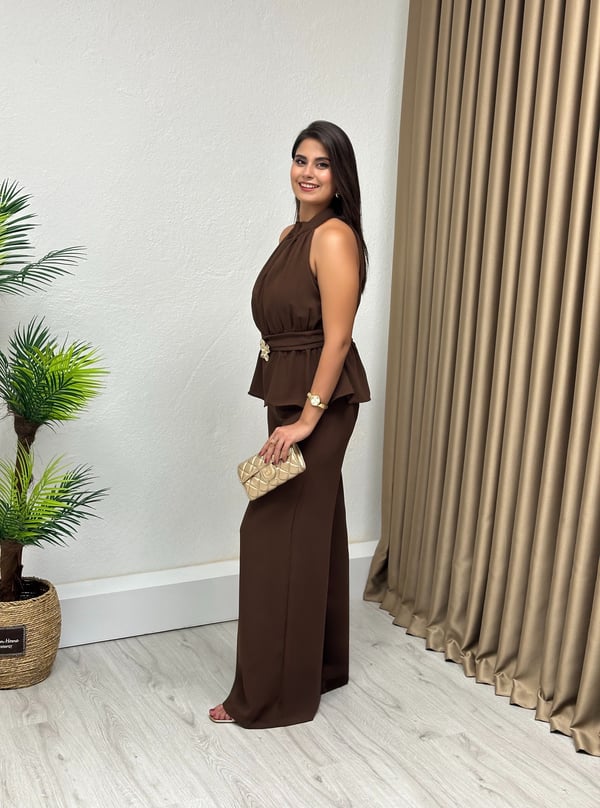 Premium Seri Halter Yaka Beli Gold Tokalı Tulum Acı Kahve 