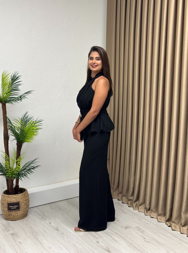 Premium Seri Halter Yaka Beli Gold Tokalı Tulum Siyah