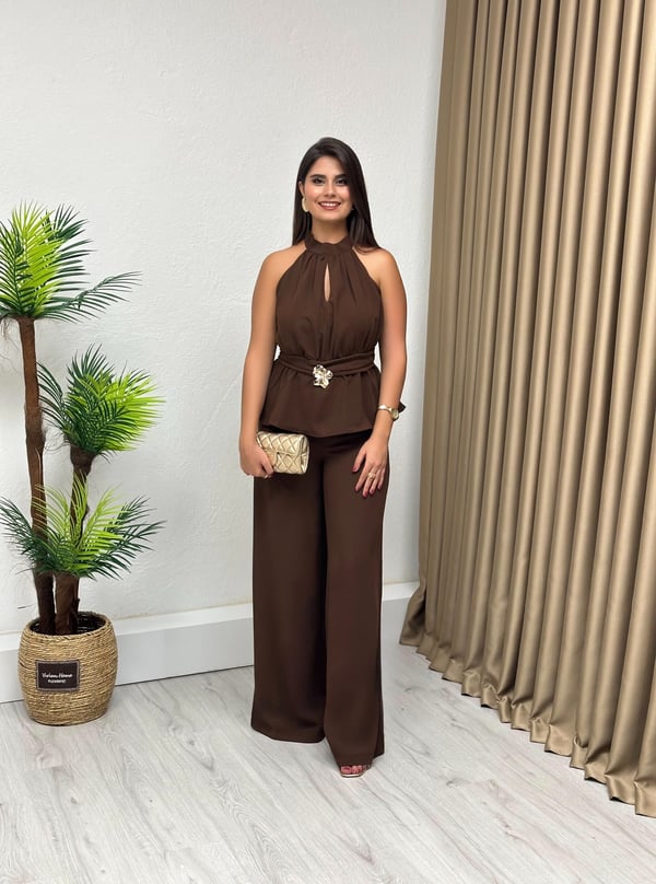 Premium Seri Halter Yaka Beli Gold Tokalı Tulum Acı Kahve 