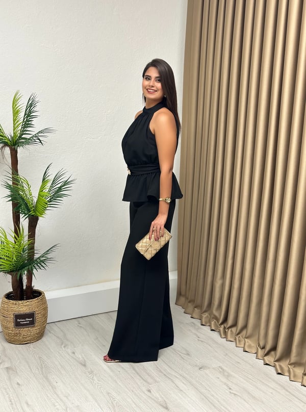 Premium Seri Halter Yaka Beli Gold Tokalı Tulum Siyah