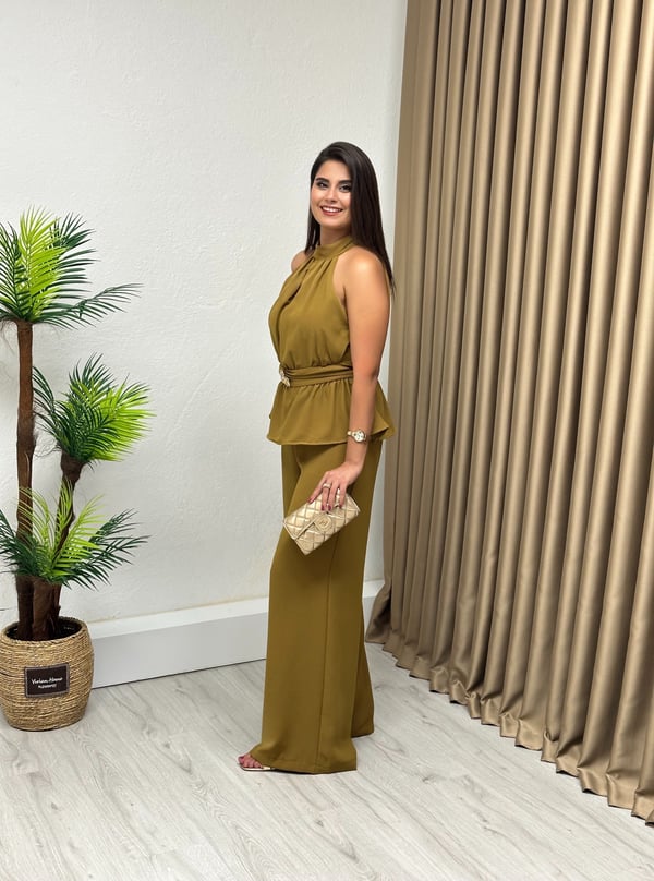Premium Seri Halter Yaka Beli Gold Tokalı Tulum Yağ Yeşili 