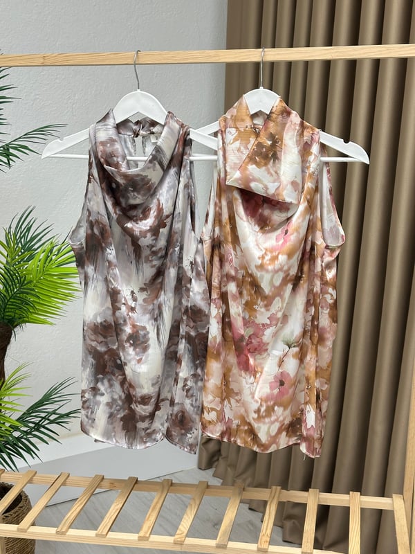 Premium Seri Halter Yaka Degaje Desenli Bluz Vizon