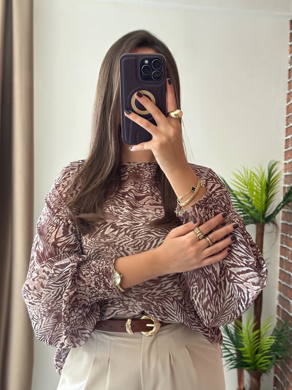 Premium Seri Kahve Zebra Desenli Transparan Şifon Bluz 