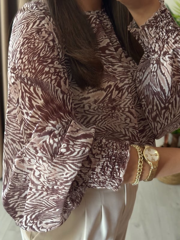 Premium Seri Kahve Zebra Desenli Transparan Şifon Bluz 