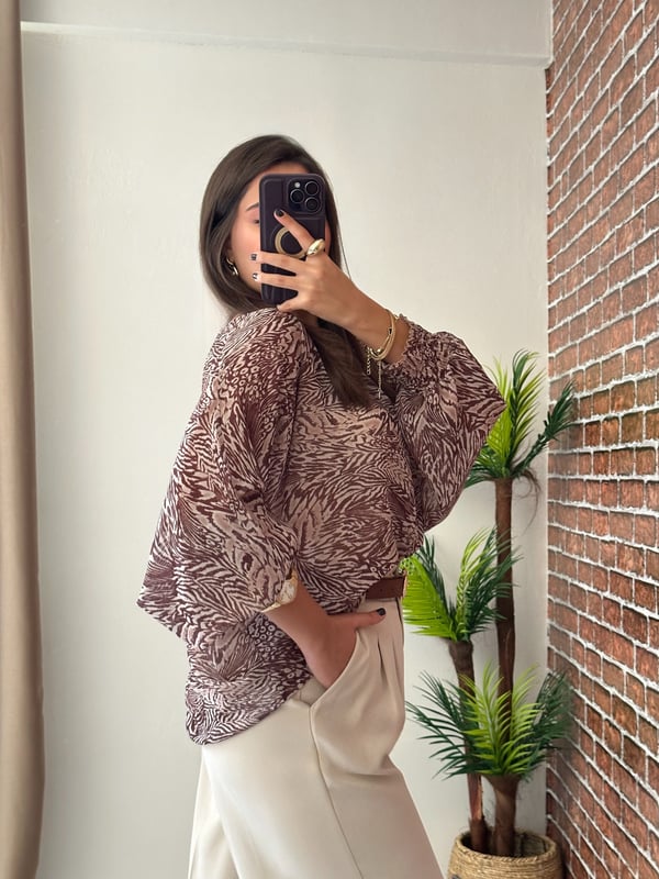 Premium Seri Kahve Zebra Desenli Transparan Şifon Bluz 