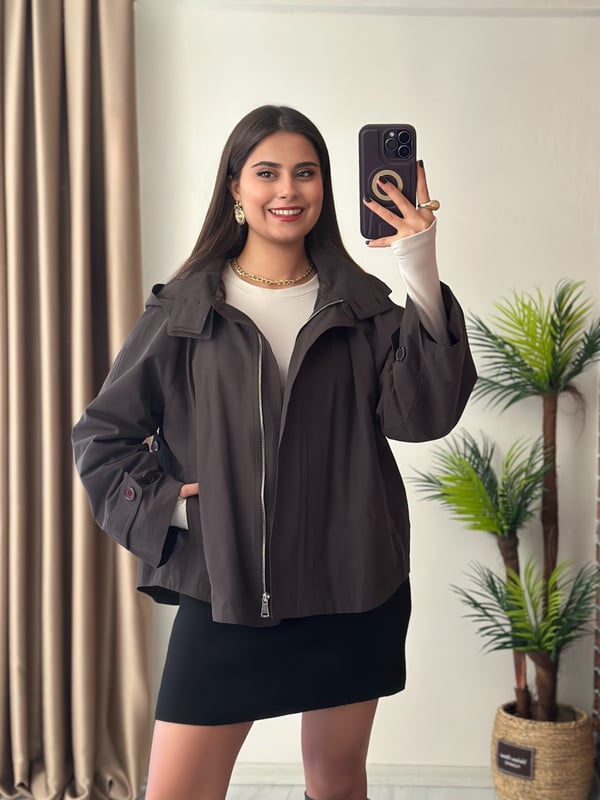 Premium Seri Kapşonlu Oversize Asimetrik Kesimli Tasarım Trençkot Kahve 