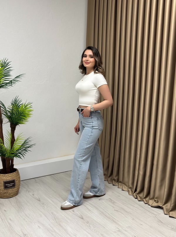 Premium Seri Kemerli Straight Jean Ice Blue Süet Kemerli