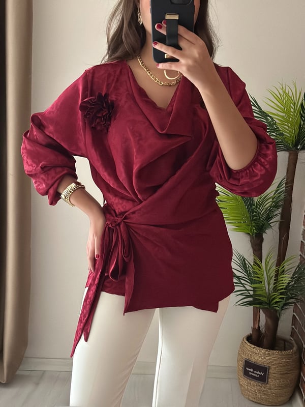 Premium Seri Kendinden Desenli Jakar Kumaş Tasarım Bluz Bordo