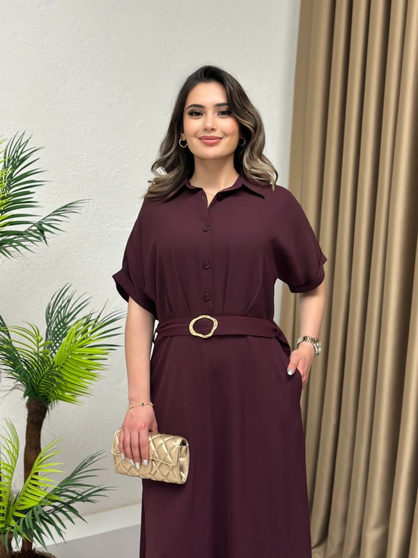 Premium Seri Kısa Kollu Gömlek Yaka Kemerli Elbise Mürdüm