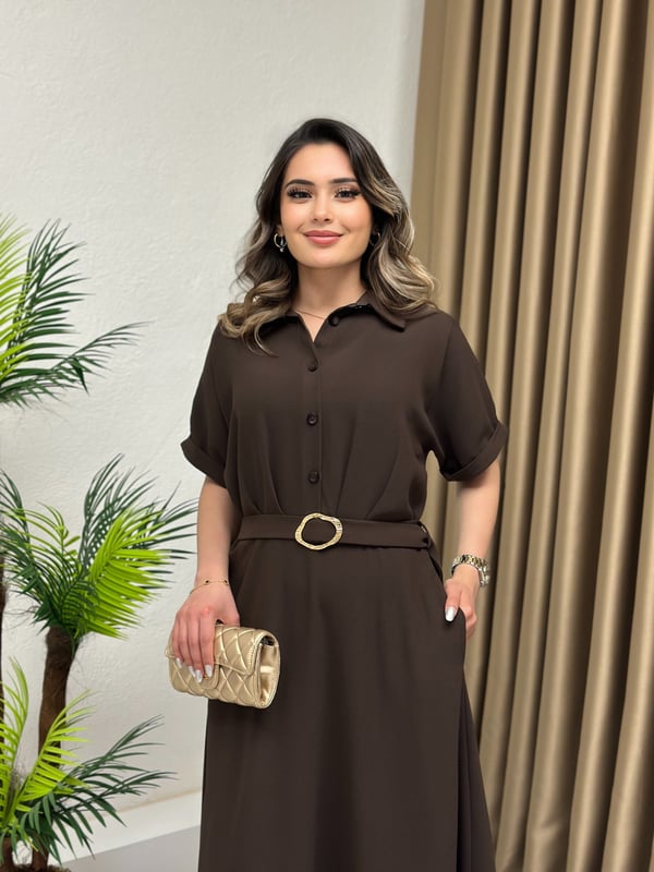 Premium Seri Kısa Kollu Gömlek Yaka Kemerli Elbise Acı Kahve