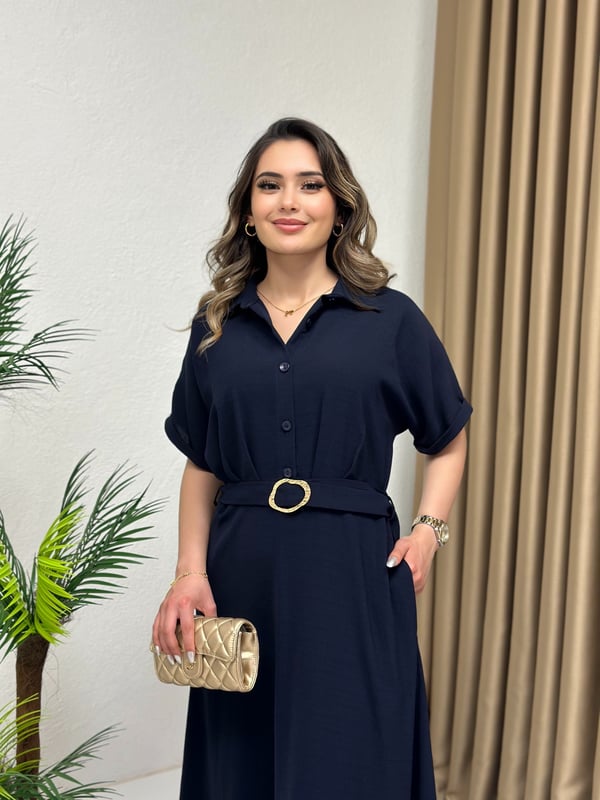Premium Seri Kısa Kollu Gömlek Yaka Kemerli Elbise Lacivert