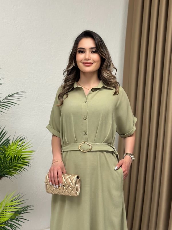 Premium Seri Kısa Kollu Gömlek Yaka Kemerli Elbise Mint Yeşil