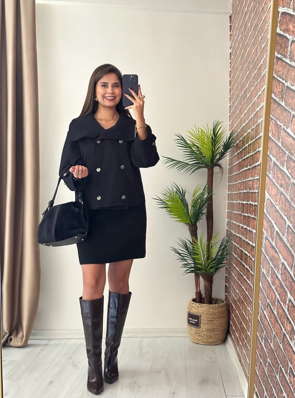 Premium Seri Kruvaze Metal Düğmeli Geniş Yaka Gabardin Kumaş Ceket Siyah
