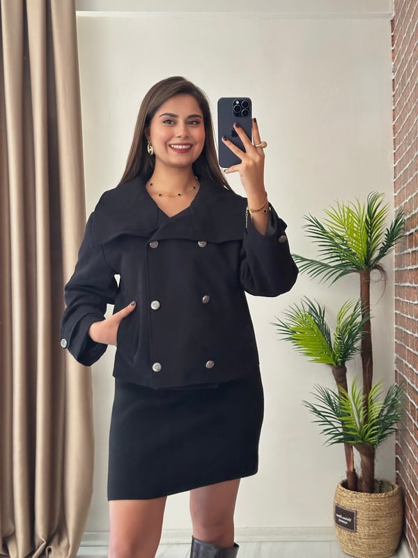 Premium Seri Kruvaze Metal Düğmeli Geniş Yaka Gabardin Kumaş Ceket Siyah
