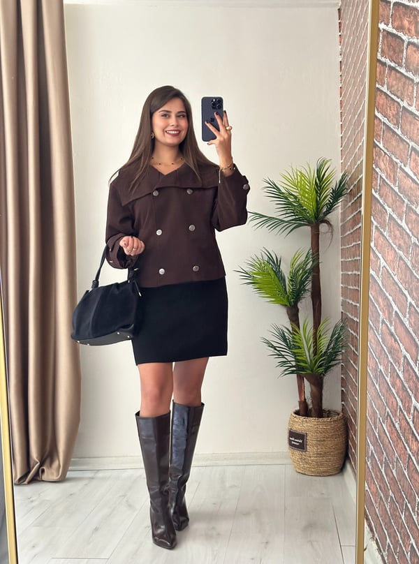 Premium Seri Kruvaze Metal Düğmeli Geniş Yaka Gabardin Kumaş Ceket Acı Kahve