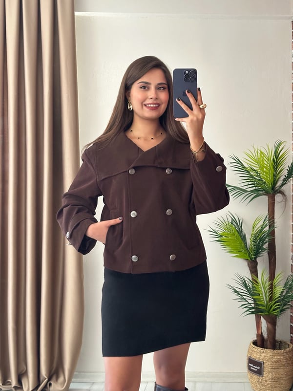 Premium Seri Kruvaze Metal Düğmeli Geniş Yaka Gabardin Kumaş Ceket Acı Kahve