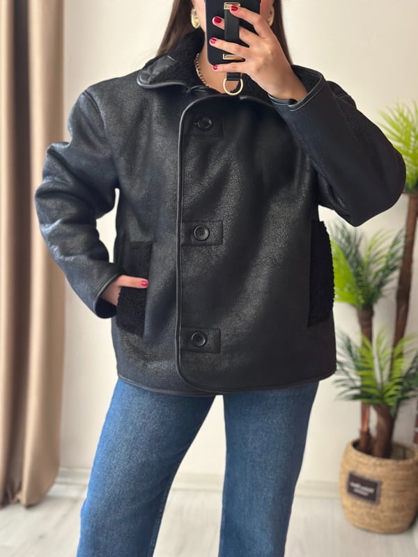 Premium Seri Kürklü Biker Vinleks Deri Mont Siyah