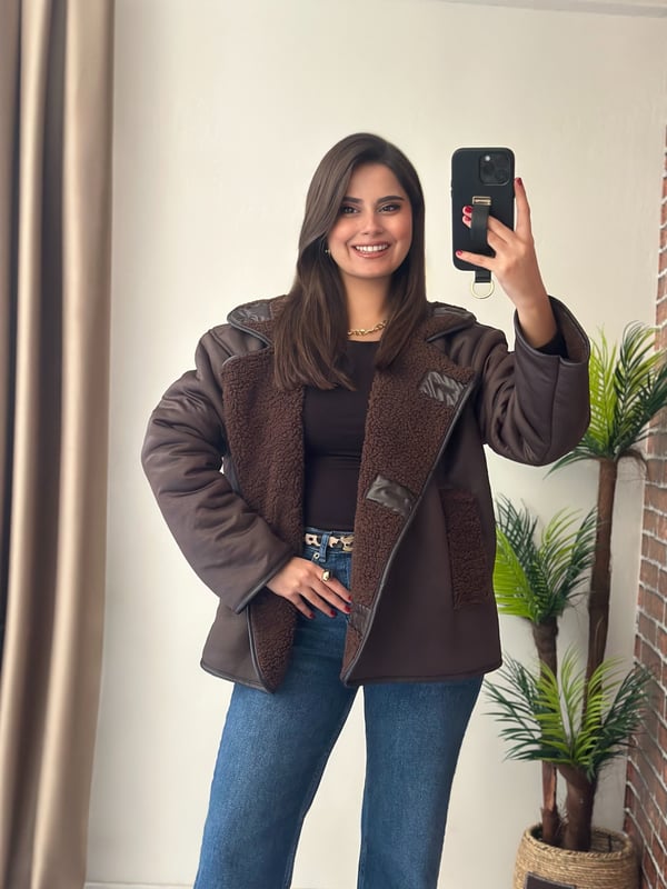 Premium Seri Kürklü Biker Vinleks Deri Mont Kahverengi 