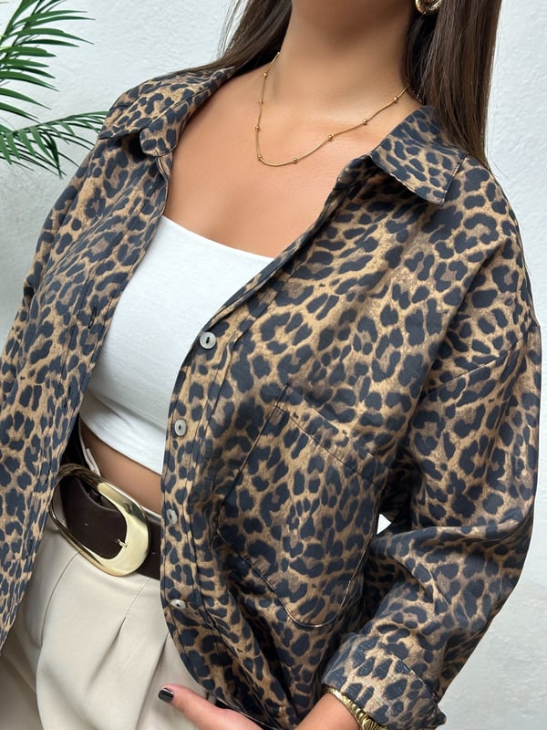 Premium Seri Oversize Tensel Kumaş Leopar Gömlek 