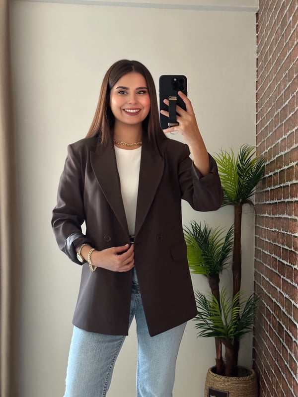 Premium Seri Vatkalı Çift Düğmeli Astarlı Blazer Ceket Acı Kahve