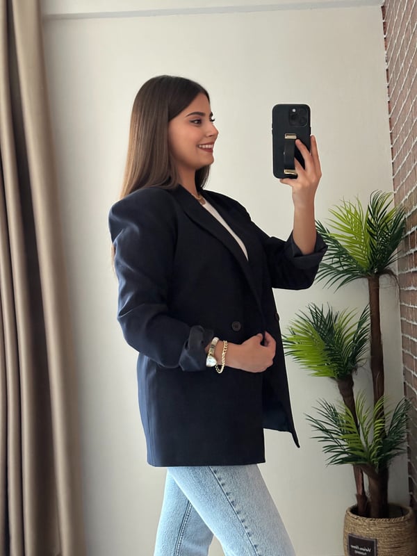 Premium Seri Vatkalı Çift Düğmeli Astarlı Blazer Ceket Lacivert