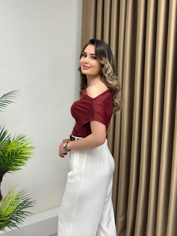 Sandy Kumaş Kayık Yaka Drapeli Bluz Soft Bordo