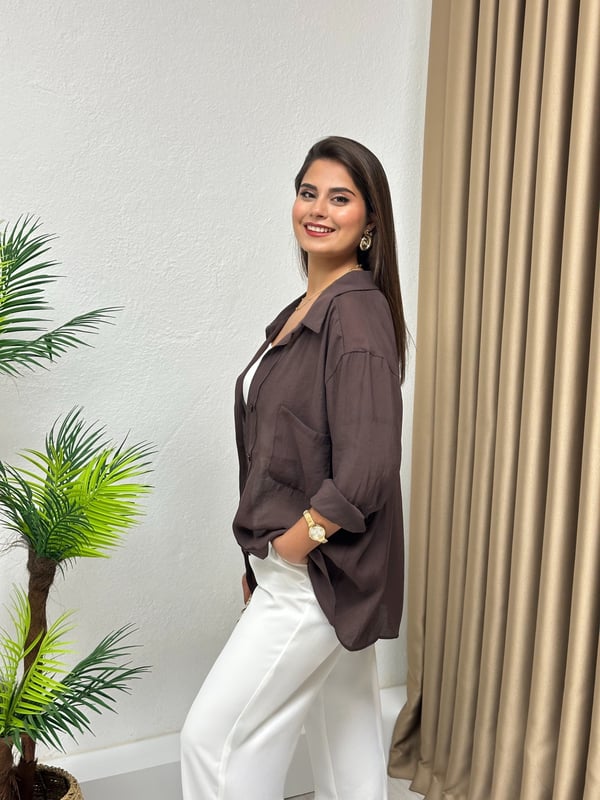 Tensel Kumaş Oversize Kalıp Cep Detaylı Gömlek Vintage Kahve 