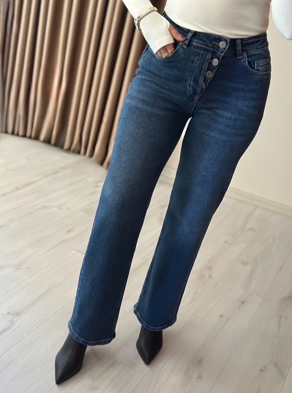 Yüksek Bel Çok Düğmeli Likralı Straight Jean Dark Blue 