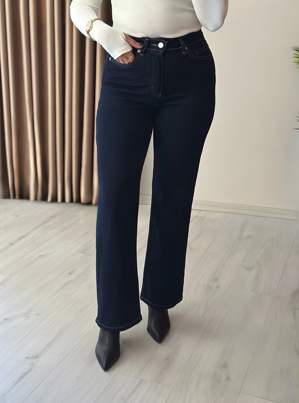 Yüksek Bel Likralı Straight Jean Koyu Lacivert 